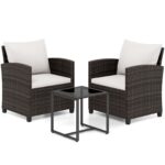 Costway Set mobili da giardino a 3 pezzi con 2 poltrone e 1 tavolino in vetro temperato, Salotto da esterno in rattan PE Beige - immagine 2