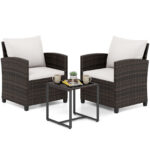 Costway Set mobili da giardino a 3 pezzi con 2 poltrone e 1 tavolino in vetro temperato, Salotto da esterno in rattan PE Beige