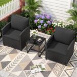 Costway Set mobili da giardino a 3 pezzi con 2 poltrone e 1 tavolino in vetro temperato, Salotto da esterno in rattan PE Nero+Nero - immagine 4