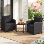 Costway Set mobili da giardino a 3 pezzi con 2 poltrone e 1 tavolino in vetro temperato, Salotto da esterno in rattan PE Nero+Nero - immagine 2
