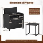 Costway Set mobili da giardino a 3 pezzi con 2 poltrone e 1 tavolino in vetro temperato, Salotto da esterno in rattan PE Nero+Nero - immagine 5