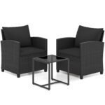 Costway Set mobili da giardino a 3 pezzi con 2 poltrone e 1 tavolino in vetro temperato, Salotto da esterno in rattan PE Nero+Nero