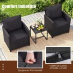 Costway Set mobili da giardino a 3 pezzi con 2 poltrone e 1 tavolino in vetro temperato, Salotto da esterno in rattan PE Nero+Nero - immagine 8
