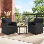 Costway Set mobili da giardino a 3 pezzi con 2 poltrone e 1 tavolino in vetro temperato, Salotto da esterno in rattan PE Nero+Nero - immagine 3