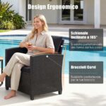 Costway Set mobili da giardino a 3 pezzi con 2 poltrone e 1 tavolino in vetro temperato, Salotto da esterno in rattan PE Nero+Nero - immagine 9
