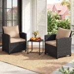 Costway Set mobili da giardino a 3 pezzi con 2 poltrone e 1 tavolino in vetro temperato, Salotto da esterno in rattan PE Nero+Ocra - immagine 4
