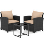 Costway Set mobili da giardino a 3 pezzi con 2 poltrone e 1 tavolino in vetro temperato, Salotto da esterno in rattan PE Nero+Ocra