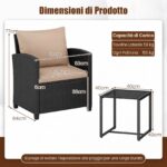 Costway Set mobili da giardino a 3 pezzi con 2 poltrone e 1 tavolino in vetro temperato, Salotto da esterno in rattan PE Nero+Ocra - immagine 5