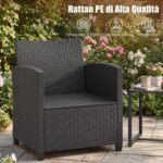 Costway Set mobili da giardino a 3 pezzi con 2 poltrone e 1 tavolino in vetro temperato, Salotto da esterno in rattan PE Nero+Ocra - immagine 6