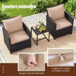 Costway Set mobili da giardino a 3 pezzi con 2 poltrone e 1 tavolino in vetro temperato, Salotto da esterno in rattan PE Nero+Ocra - immagine 8