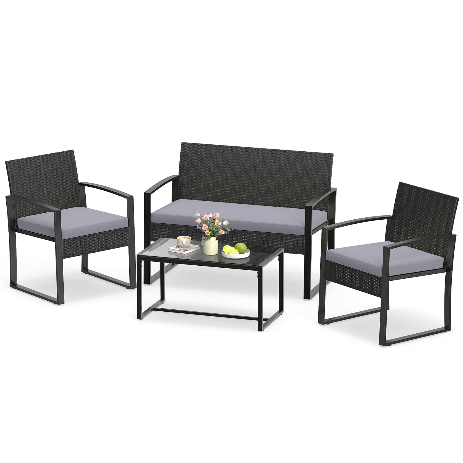 Set-mobili-da-giardino-a-4-pezzi-con-piano-in-vetro-temperato-mediaId103889308-1776137791.jpg Costway Set mobili da giardino a 4 pezzi con piano in vetro temperato, Set da conversazione in rattan con 1 divano 2 posti Grigio - immagine 1