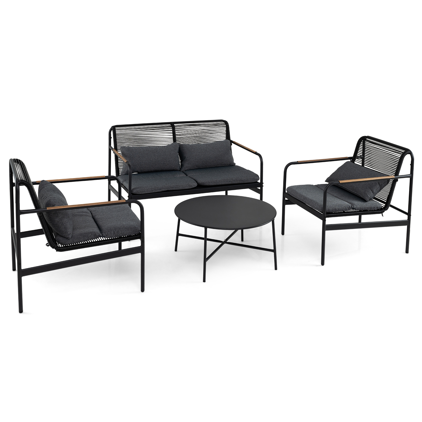 Set-mobili-da-patio-4-pezzi-in-vimini-con-cuscini-mediaId103564829-1772675955.jpg Costway Set mobili da patio 4 pezzi in vimini con cuscini, Divano 2 posti e 2 poltrone con tavolino per giardino balcone - immagine 1
