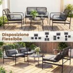 Costway Set mobili da patio 4 pezzi in vimini con cuscini, Divano 2 posti e 2 poltrone con tavolino per giardino balcone - immagine 7