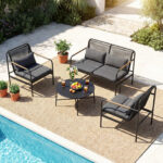 Costway Set mobili da patio 4 pezzi in vimini con cuscini, Divano 2 posti e 2 poltrone con tavolino per giardino balcone - immagine 4