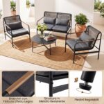 Costway Set mobili da patio 4 pezzi in vimini con cuscini, Divano 2 posti e 2 poltrone con tavolino per giardino balcone - immagine 8