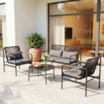 Costway Set mobili da patio 4 pezzi in vimini con cuscini, Divano 2 posti e 2 poltrone con tavolino per giardino balcone - immagine 3