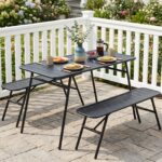 Costway Set pranzo da giardino set di tavolo e 2 panche struttura in metallo robusta, Set pranzo resistente per piscina balcone e terrazza mobili da esterno - immagine 3