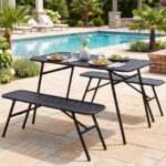 Costway Set pranzo da giardino set di tavolo e 2 panche struttura in metallo robusta, Set pranzo resistente per piscina balcone e terrazza mobili da esterno - immagine 4