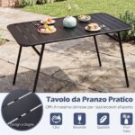 Costway Set pranzo da giardino set di tavolo e 2 panche struttura in metallo robusta, Set pranzo resistente per piscina balcone e terrazza mobili da esterno - immagine 8