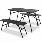 Costway Set pranzo da giardino set di tavolo e 2 panche struttura in metallo robusta, Set pranzo resistente per piscina balcone e terrazza mobili da esterno