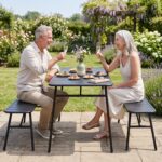 Costway Set pranzo da giardino set di tavolo e 2 panche struttura in metallo robusta, Set pranzo resistente per piscina balcone e terrazza mobili da esterno - immagine 5