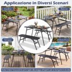 Costway Set pranzo da giardino set di tavolo e 2 panche struttura in metallo robusta, Set pranzo resistente per piscina balcone e terrazza mobili da esterno - immagine 9