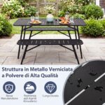 Costway Set pranzo da giardino set di tavolo e 2 panche struttura in metallo robusta, Set pranzo resistente per piscina balcone e terrazza mobili da esterno - immagine 10