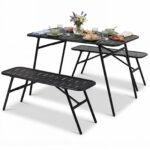 Costway Set pranzo da giardino set di tavolo e 2 panche struttura in metallo robusta, Set pranzo resistente per piscina balcone e terrazza mobili da esterno - immagine 6