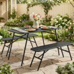 Costway Set pranzo da giardino set di tavolo e 2 panche struttura in metallo robusta, Set pranzo resistente per piscina balcone e terrazza mobili da esterno - immagine 2