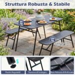 Costway Set pranzo da giardino set di tavolo e 2 panche struttura in metallo robusta, Set pranzo resistente per piscina balcone e terrazza mobili da esterno - immagine 7