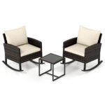 Costway Set salotto da giardino in rattan con 2 poltrone a dondolo tavolino e cuscini, Set mobili da eterno Beige