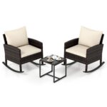 Costway Set salotto da giardino in rattan con 2 poltrone a dondolo tavolino e cuscini, Set mobili da eterno Beige - immagine 5