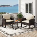 Costway Set salotto da giardino in rattan con 2 poltrone a dondolo tavolino e cuscini, Set mobili da eterno Beige - immagine 3