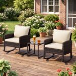 Costway Set salotto da giardino in rattan con 2 poltrone a dondolo tavolino e cuscini, Set mobili da eterno Beige - immagine 2