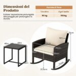 Costway Set salotto da giardino in rattan con 2 poltrone a dondolo tavolino e cuscini, Set mobili da eterno Beige - immagine 6