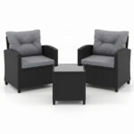 Costway Set salotto da giardino in rattan con 2 poltrone con cuscini sfoderabili, Set mobili da esterno con tavolino con piano in vetro temperato Grigio