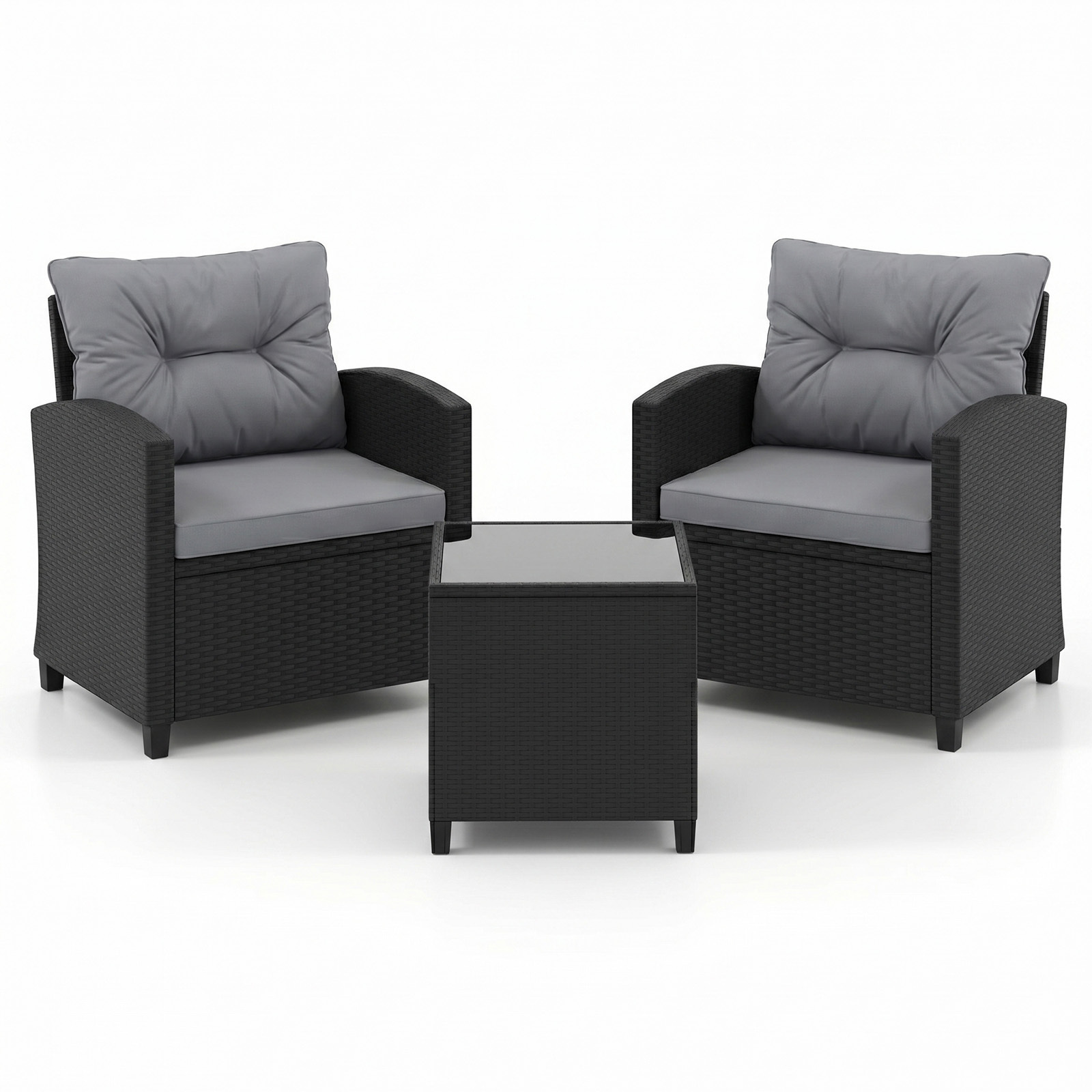 Set-salotto-da-giardino-in-rattan-con-2-poltrone-con-cuscini-sfoderabili-mediaId104670655-1779937164.jpg Costway Set salotto da giardino in rattan con 2 poltrone con cuscini sfoderabili, Set mobili da esterno con tavolino con piano in vetro temperato Grigio - immagine 1
