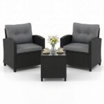 Costway Set salotto da giardino in rattan con 2 poltrone con cuscini sfoderabili, Set mobili da esterno con tavolino con piano in vetro temperato Grigio - immagine 5