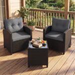 Costway Set salotto da giardino in rattan con 2 poltrone con cuscini sfoderabili, Set mobili da esterno con tavolino con piano in vetro temperato Grigio - immagine 4