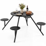 Costway Set tavolo da picnic con 4 sedie in metallo zincato, Tavolo da giardino con foro per ombrellone piano e sedute rotonde