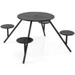 Costway Set tavolo da picnic con 4 sedie in metallo zincato, Tavolo da giardino con foro per ombrellone piano e sedute rotonde - immagine 3