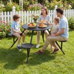 Costway Set tavolo da picnic con 4 sedie in metallo zincato, Tavolo da giardino con foro per ombrellone piano e sedute rotonde - immagine 2