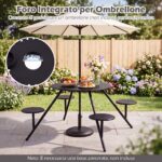 Costway Set tavolo da picnic con 4 sedie in metallo zincato, Tavolo da giardino con foro per ombrellone piano e sedute rotonde - immagine 6