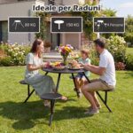 Costway Set tavolo da picnic con 4 sedie in metallo zincato, Tavolo da giardino con foro per ombrellone piano e sedute rotonde - immagine 7