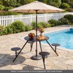 Costway Set tavolo da picnic con 4 sedie in metallo zincato, Tavolo da giardino con foro per ombrellone piano e sedute rotonde - immagine 10