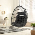 Costway Supporto per sedia sospesa in metallo pesante e sedia a uovo sospesa con cuscino, Supporto per amaca C e amaca pieghevole in vimini - immagine 2