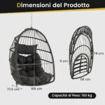 Costway Supporto per sedia sospesa in metallo pesante e sedia a uovo sospesa con cuscino, Supporto per amaca C e amaca pieghevole in vimini - immagine 8