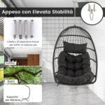 Costway Supporto per sedia sospesa in metallo pesante e sedia a uovo sospesa con cuscino, Supporto per amaca C e amaca pieghevole in vimini - immagine 11