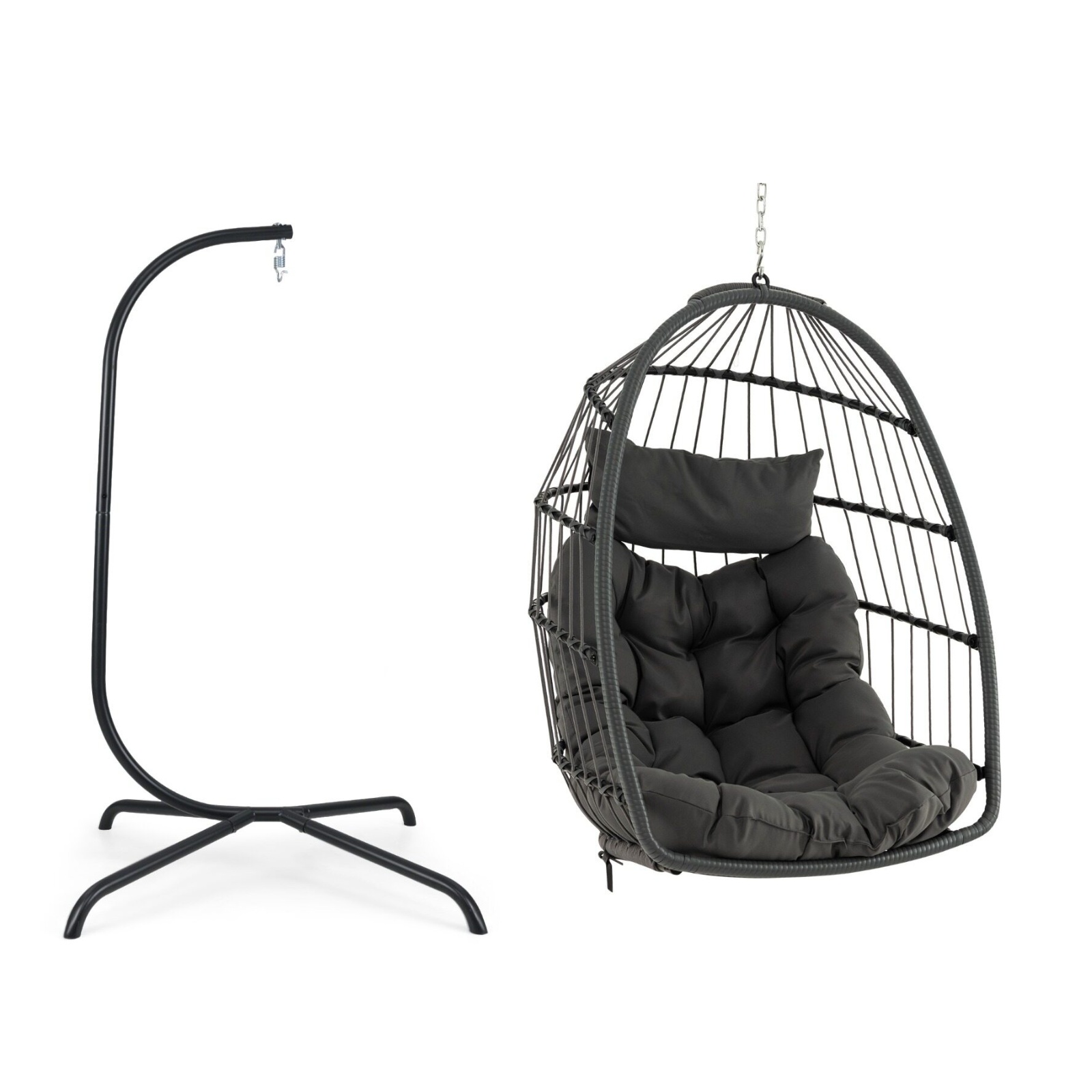 Supporto-per-sedia-sospesa-in-metallo-pesante-e-sedia-a-uovo-sospesa-con-cuscino-mediaId105218947-1785482395.jpg Costway Supporto per sedia sospesa in metallo pesante e sedia a uovo sospesa con cuscino, Supporto per amaca C e amaca pieghevole in vimini - immagine 1