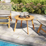 Costway Tavolino da esterno rotondo 62 cm in legno massello, Tavolino laterale basso da giardino da caffè montaggio semplice naturale - immagine 3